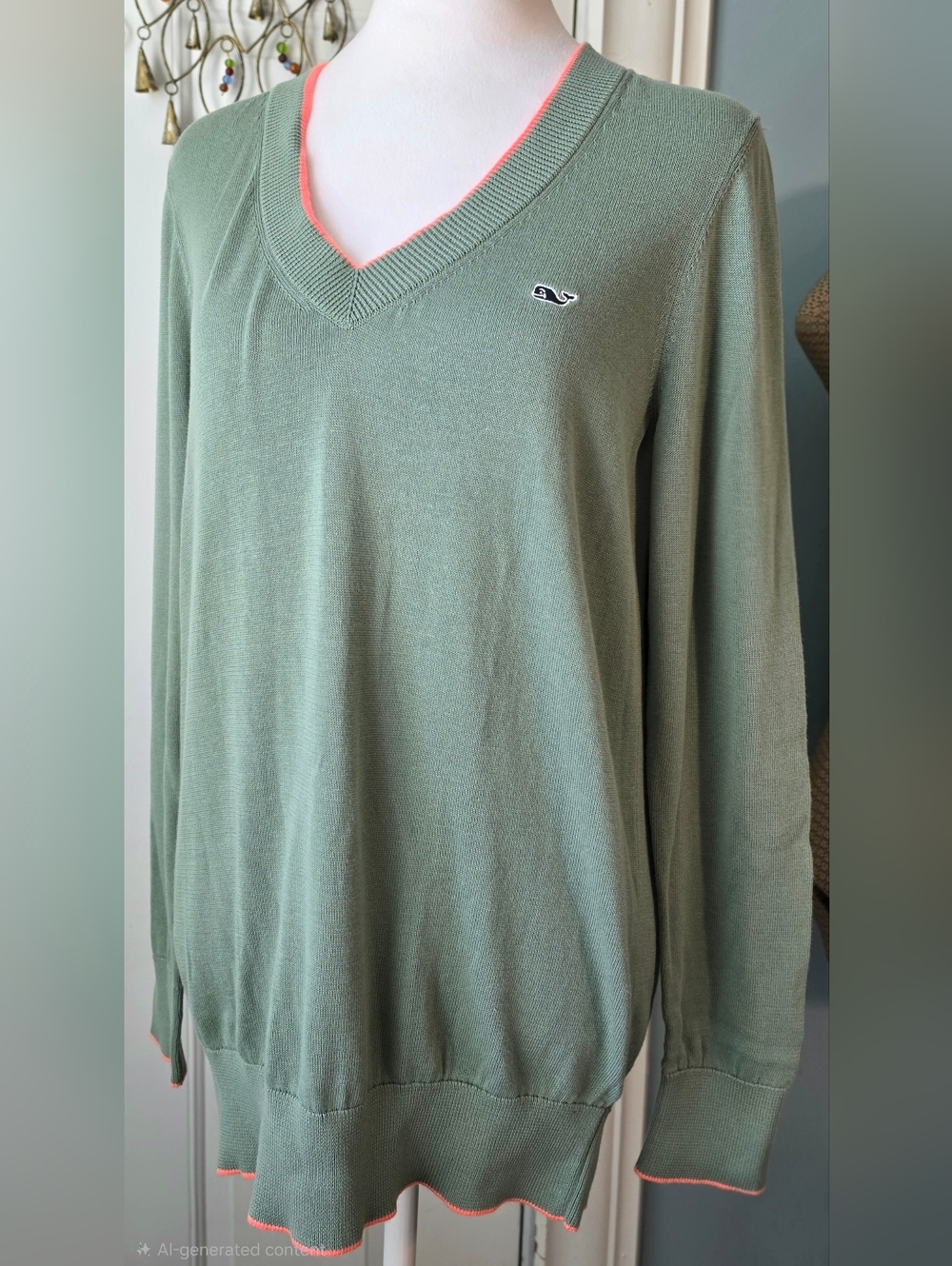 Vineyard Vines Heritage Tipped V-Neck Sweater Women's M Sage Green 100% Cotton